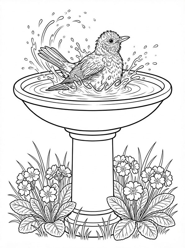 Ausmalvorlage Vogel im Vogelbad