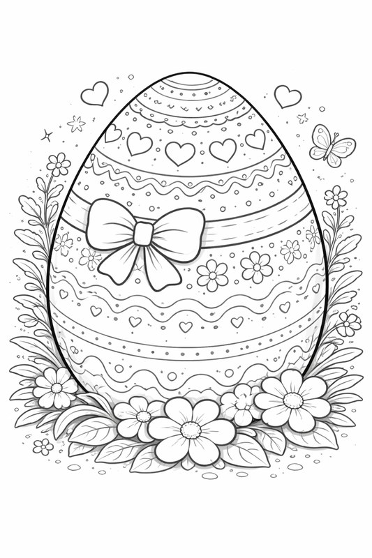 Ausmalvorlage Osterei mit Schleife und Blumen