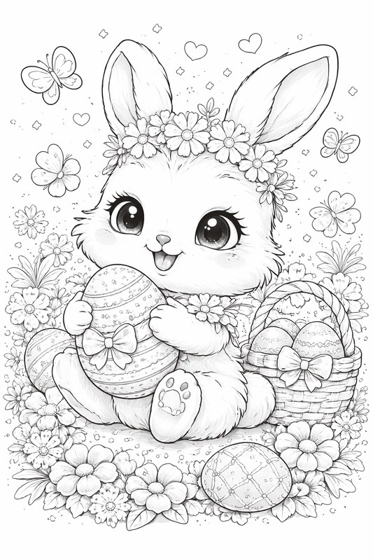 Ausmalvorlage Osterhase mit Blumenkranz